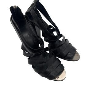 VTG Miss Sixty Womens Strappy Leather Heels EU 37 US 7 Black Cone Heel Italy